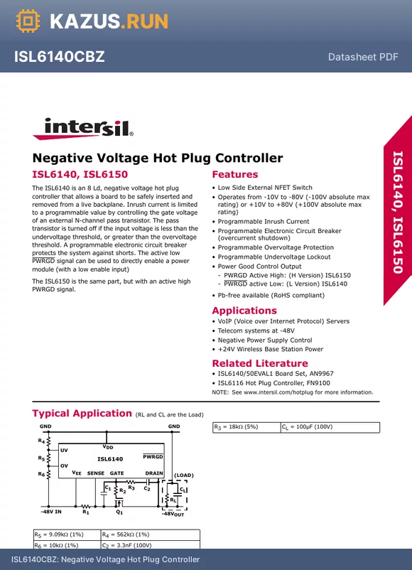 ISL6150CBZ datasheet - Negative Voltage Hot Plug Controller