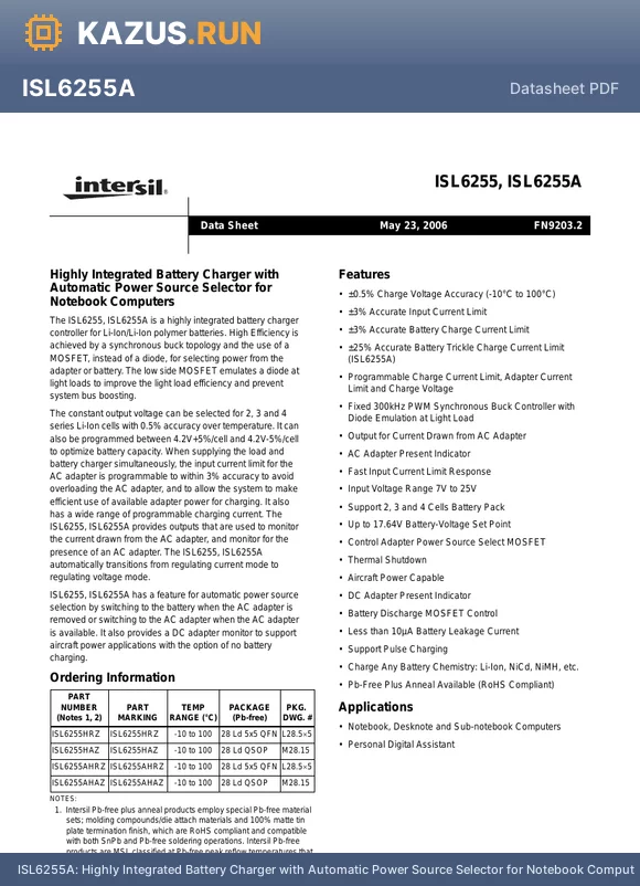 ISL6255 datasheet - Highly Integrated Battery Charger with Automatic Power Source Selector for Notebook Computers