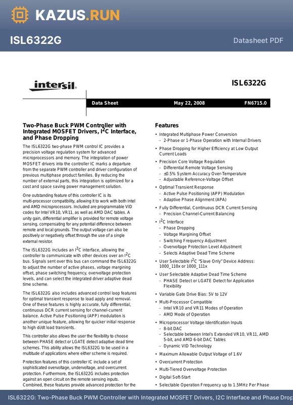 ISL6322GIRZ datasheet - Two-Phase Buck PWM Controller with Integrated MOSFET Drivers, I2C Interface and Phase Dropping