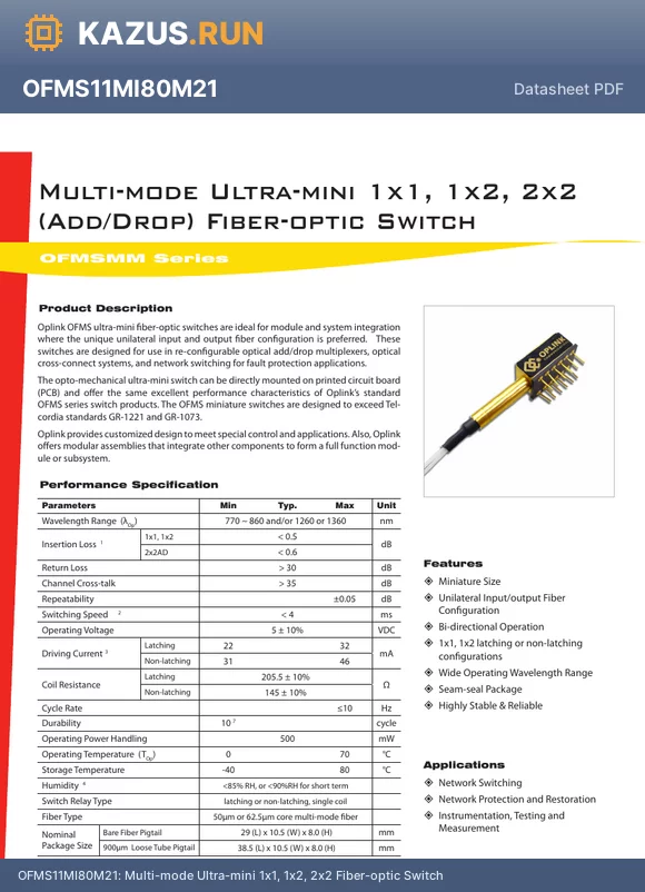 OFMS12MID1M22 datasheet - Multi-mode Ultra-mini 1x1, 1x2, 2x2 Fiber-optic Switch