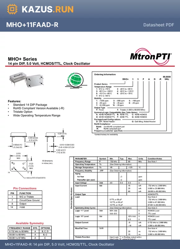 MHO+45TBD-R datasheet - 14 pin DIP, 5.0 Volt, HCMOS/TTL, Clock Oscillator