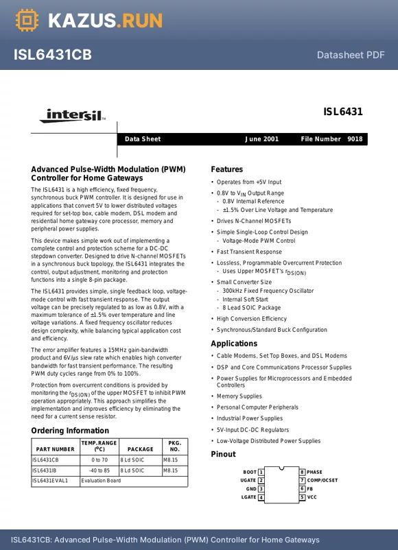 ISL6431CB datasheet - Advanced Pulse-Width Modulation (PWM) Controller for Home Gateways