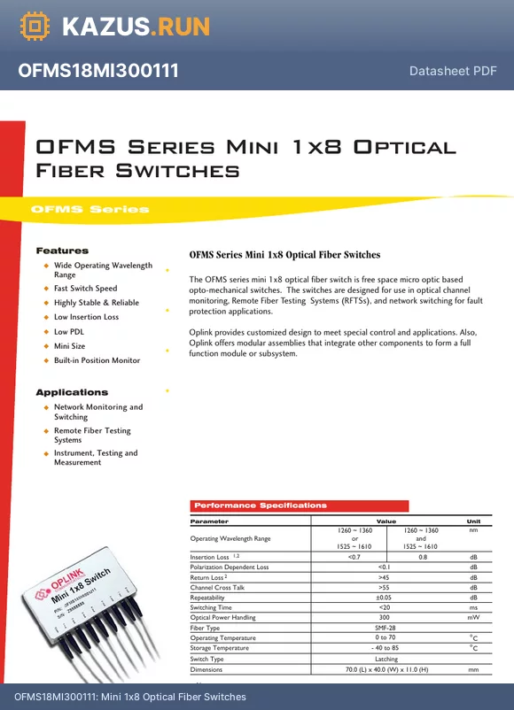 OFMS18MID00122 datasheet - Mini 1x8 Optical Fiber Switches