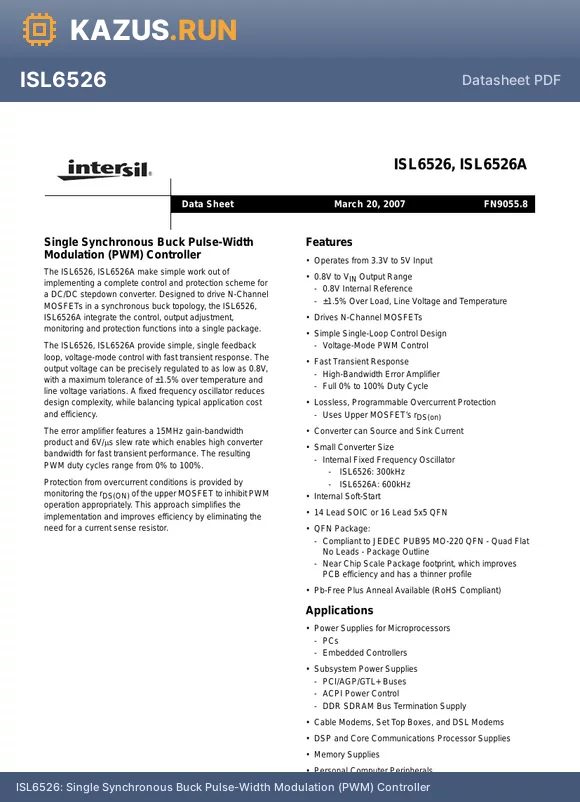 ISL6526AIB datasheet - Single Synchronous Buck Pulse-Width Modulation (PWM) Controller