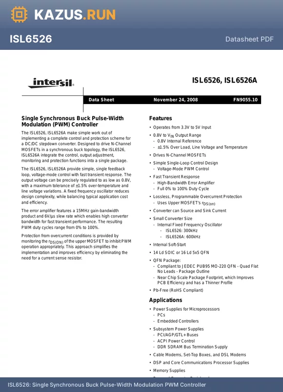 ISL6526CRZ datasheet - Single Synchronous Buck Pulse-Width Modulation PWM Controller