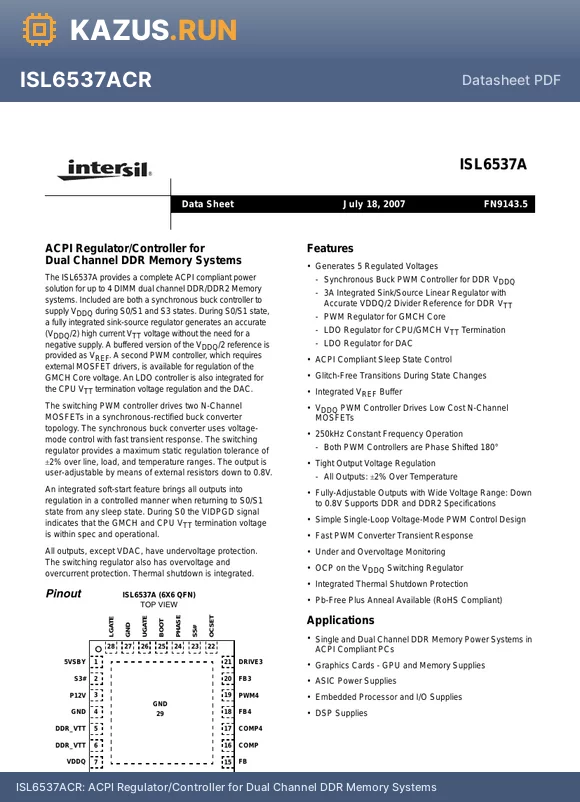 ISL6537ACRZA datasheet - ACPI Regulator/Controller for Dual Channel DDR Memory Systems