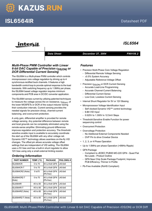 ISL6564IRZ-T datasheet - Multi-Phase PWM Controller with Linear 6-bit DAC Capable of Precision rDS(ON) or DCR Differential Current Sensing