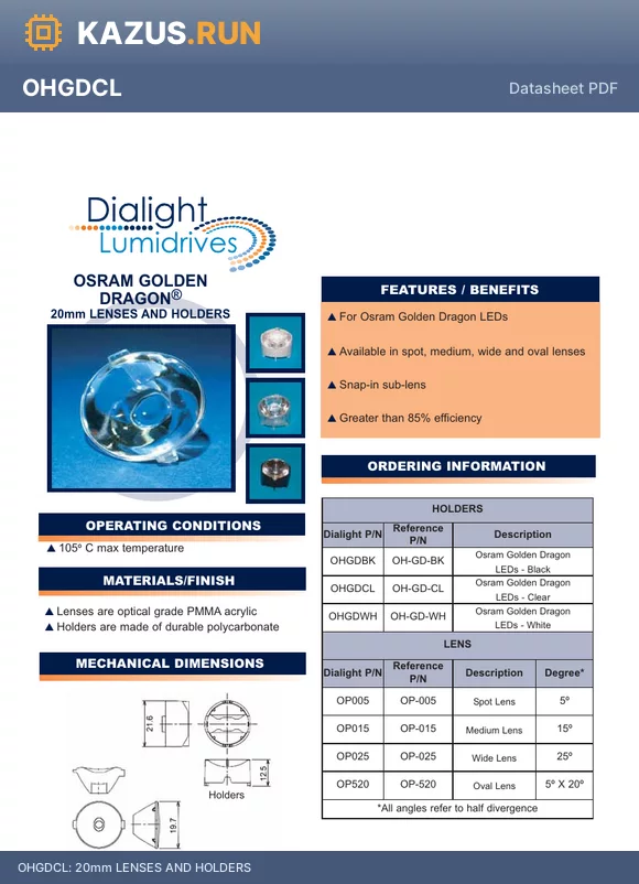 OHGDCL datasheet - 20mm LENSES AND HOLDERS