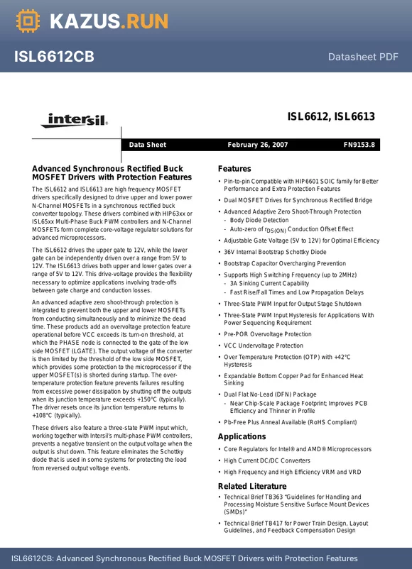 ISL6612ECBZ datasheet - Advanced Synchronous Rectified Buck MOSFET Drivers with Protection Features