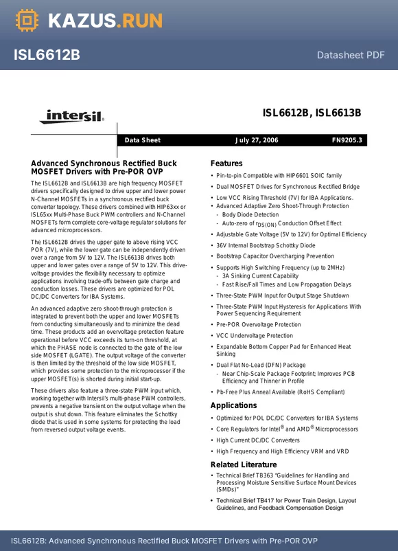 ISL6613BEIBZ-T datasheet - Advanced Synchronous Rectified Buck MOSFET Drivers with Pre-POR OVP