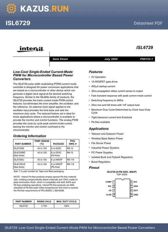 ISL6729 datasheet - Low-Cost Single-Ended Current-Mode PWM for Microcontroller Based Power Converters