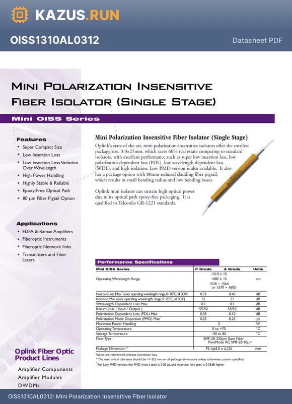 OISS1585AS031H datasheet - Mini Polarization Insensitive Fiber Isolator