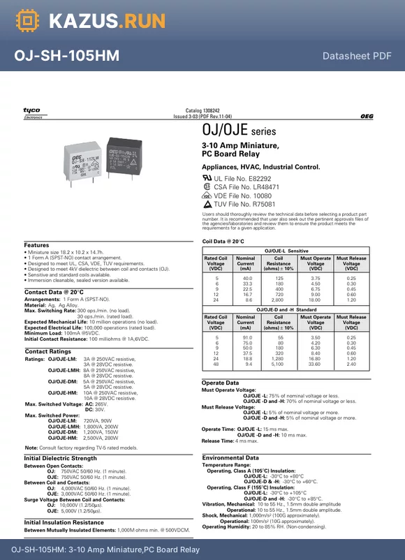 OJSH106HMHF000 datasheet - 3-10 Amp Miniature,PC Board Relay
