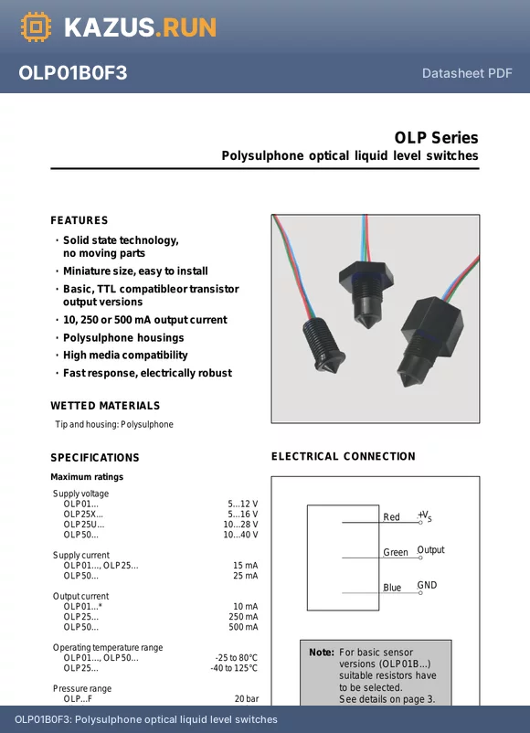 OLP01T0K4 datasheet - Polysulphone optical liquid level switches