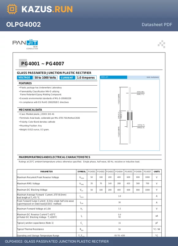 OLPG4007 datasheet - GLASS PASSIVATED JUNCTION PLASTIC RECTIFIER