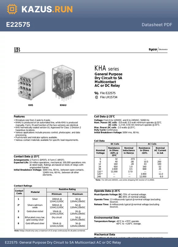 KHAU-17D12M-240 datasheet - General Purpose Dry Circuit to 5A Multicontact AC or DC Relay