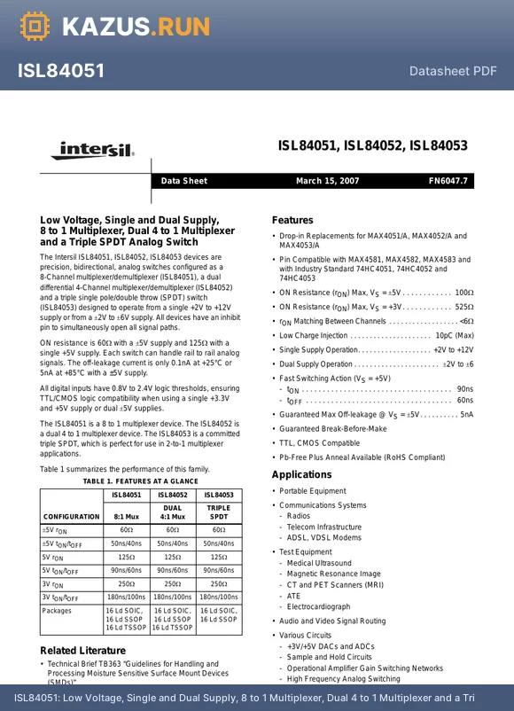 ISL84053 datasheet - Low Voltage, Single and Dual Supply, 8 to 1 Multiplexer, Dual 4 to 1 Multiplexer and a Triple SPDT Analog Switch