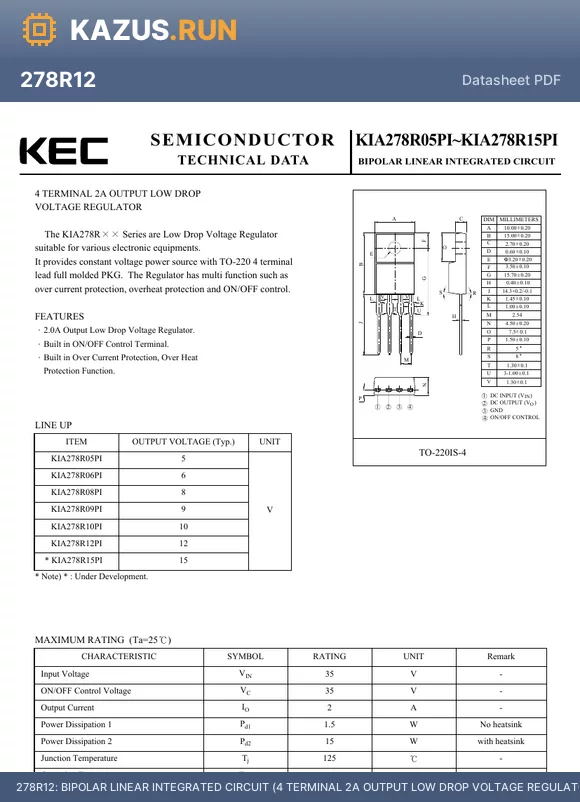 KIA278R10PI datasheet - BIPOLAR LINEAR INTEGRATED CIRCUIT (4 TERMINAL 2A OUTPUT LOW DROP VOLTAGE REGULATOR)