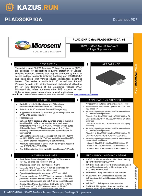 PLAD30KP26A datasheet - 30kW Surface Mount Transient Voltage Suppressor