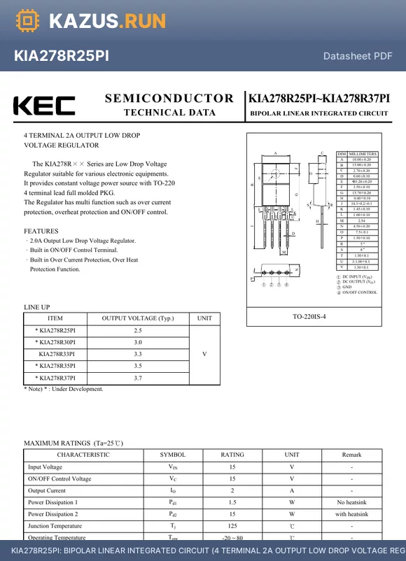 KIA278R33PI datasheet - BIPOLAR LINEAR INTEGRATED CIRCUIT (4 TERMINAL 2A OUTPUT LOW DROP VOLTAGE REGULATOR)