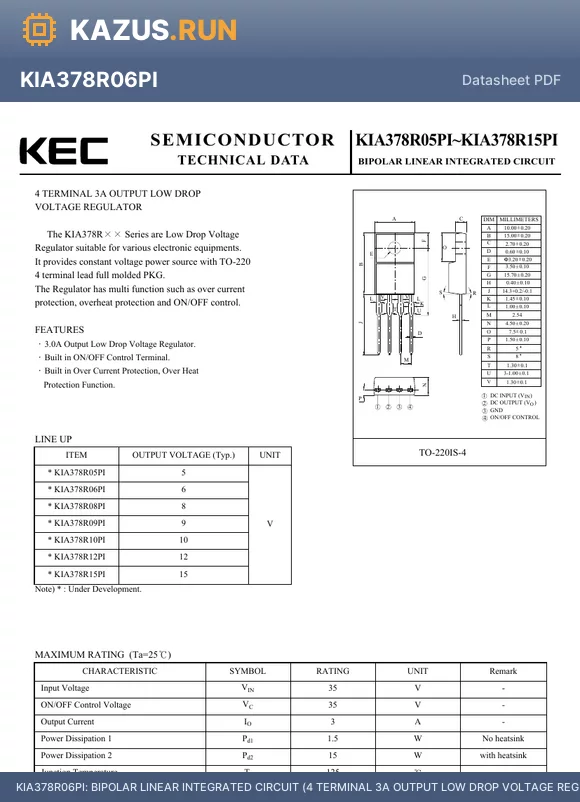 KIA378R05 datasheet - BIPOLAR LINEAR INTEGRATED CIRCUIT (4 TERMINAL 3A OUTPUT LOW DROP VOLTAGE REGULATOR)