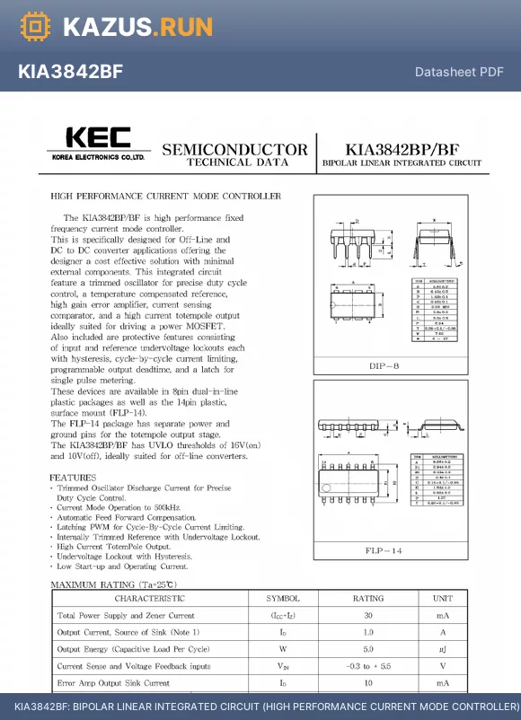 KIA3842BP datasheet - BIPOLAR LINEAR INTEGRATED CIRCUIT (HIGH PERFORMANCE CURRENT MODE CONTROLLER)