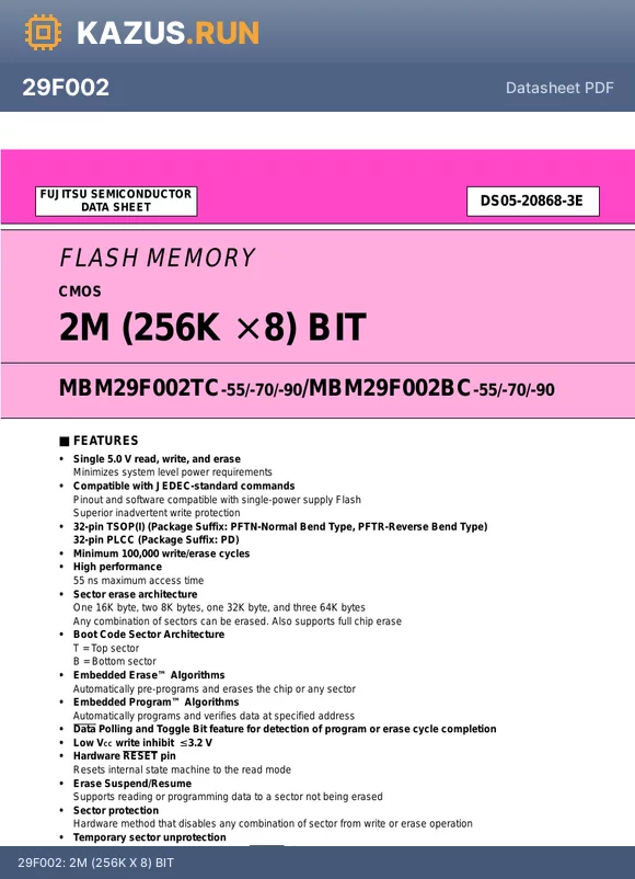 MBM29F002TC-70 datasheet - 2M (256K X 8) BIT