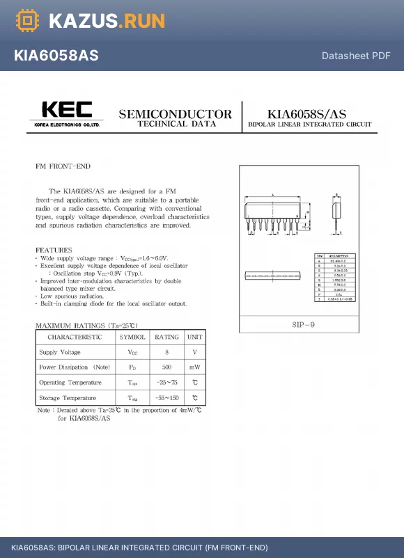 KIA6058S datasheet - BIPOLAR LINEAR INTEGRATED CIRCUIT (FM FRONT-END)
