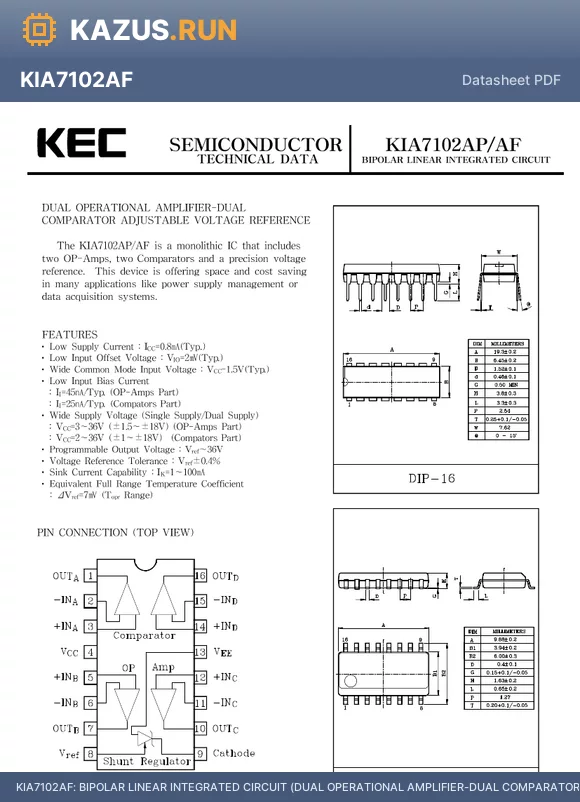 KIA7102AF datasheet - BIPOLAR LINEAR INTEGRATED CIRCUIT (DUAL OPERATIONAL AMPLIFIER-DUAL COMPARATOR ADJUSTABLE VOLTAGE REFERENCE)