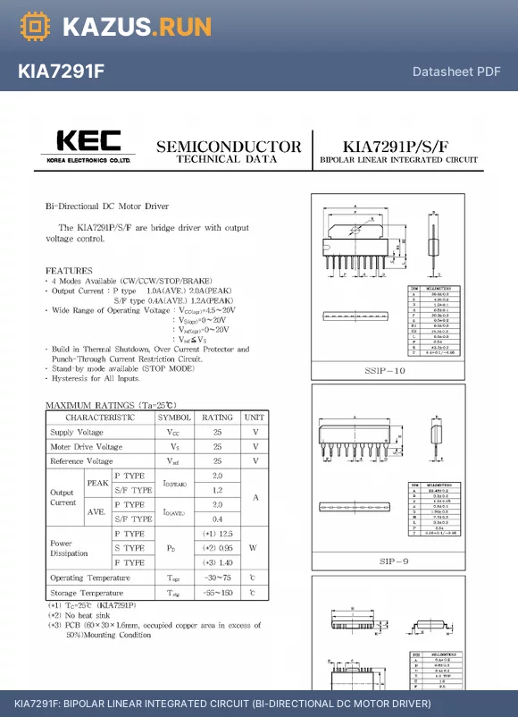 KIA7291F datasheet - BIPOLAR LINEAR INTEGRATED CIRCUIT (BI-DIRECTIONAL DC MOTOR DRIVER)