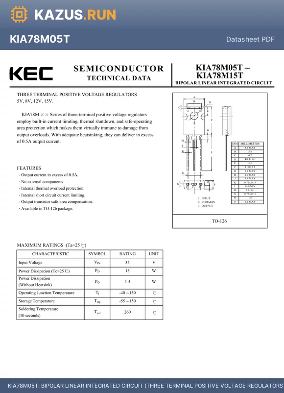 KIA78M12T datasheet - BIPOLAR LINEAR INTEGRATED CIRCUIT (THREE TERMINAL POSITIVE VOLTAGE REGULATORS)