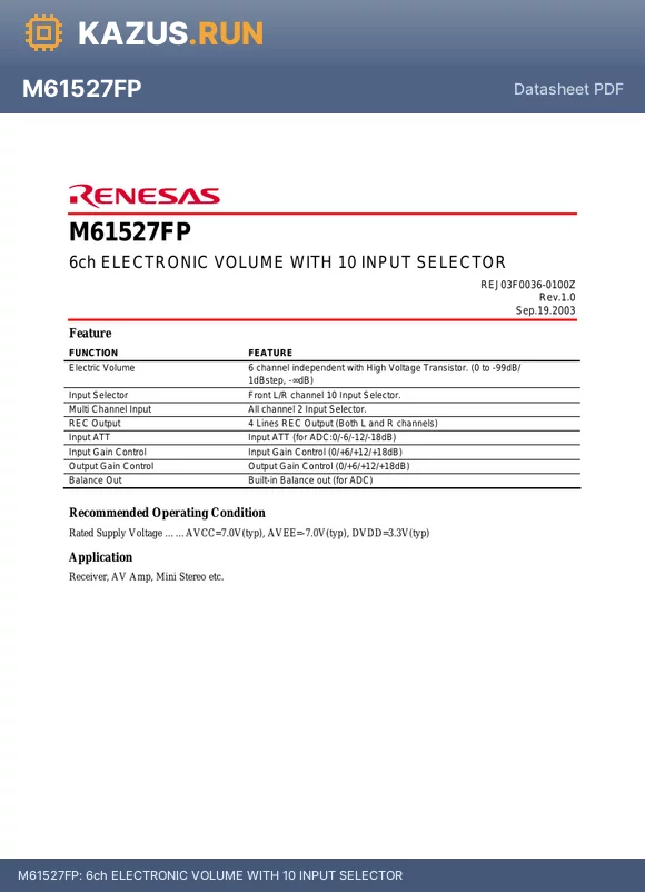 M61527FP datasheet - 6ch ELECTRONIC VOLUME WITH 10 INPUT SELECTOR