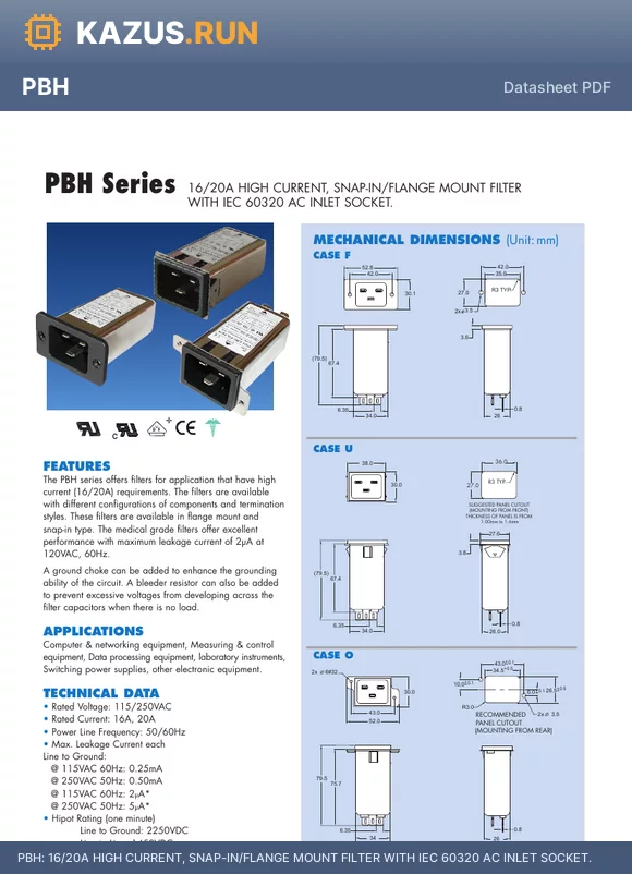 PBH16Q-00-3M1F datasheet - 16/20A HIGH CURRENT, SNAP-IN/FLANGE MOUNT FILTER WITH IEC 60320 AC INLET SOCKET.