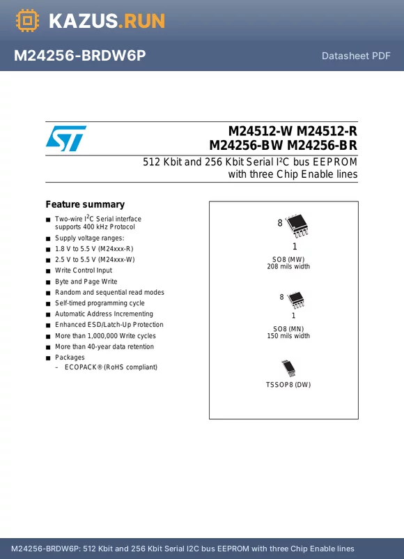 M24512-RMW6P datasheet - 512 Kbit and 256 Kbit Serial I2C bus EEPROM with three Chip Enable lines