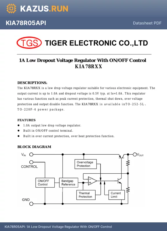 KIA78R05FXX datasheet - 1A Low Dropout Voltage Regulator With ON/OFF Control