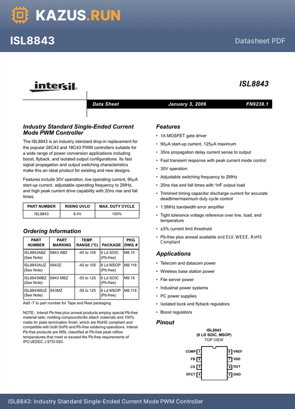 ISL8843AUZ datasheet - Industry Standard Single-Ended Current Mode PWM Controller