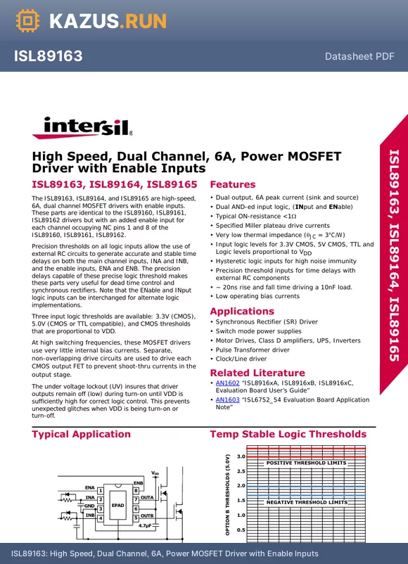 ISL89165FBEAZ datasheet - High Speed, Dual Channel, 6A, Power MOSFET Driver with Enable Inputs