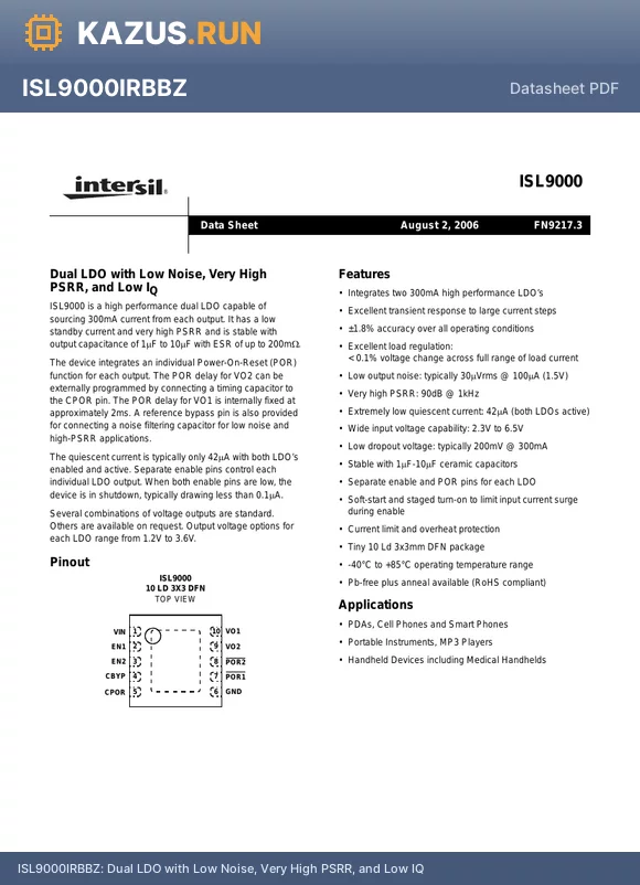 ISL9000IRPLZ datasheet - Dual LDO with Low Noise, Very High PSRR, and Low IQ