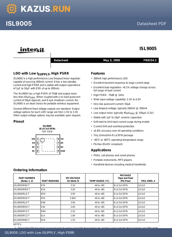ISL9005IRMZ-T datasheet - LDO with Low ISUPPLY, High PSRR