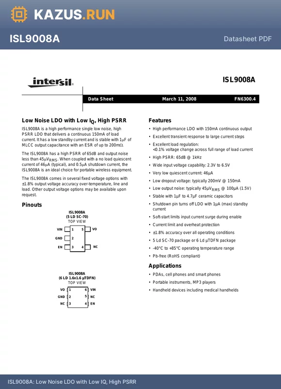ISL9008AIRUKZ-T datasheet - Low Noise LDO with Low IQ, High PSRR