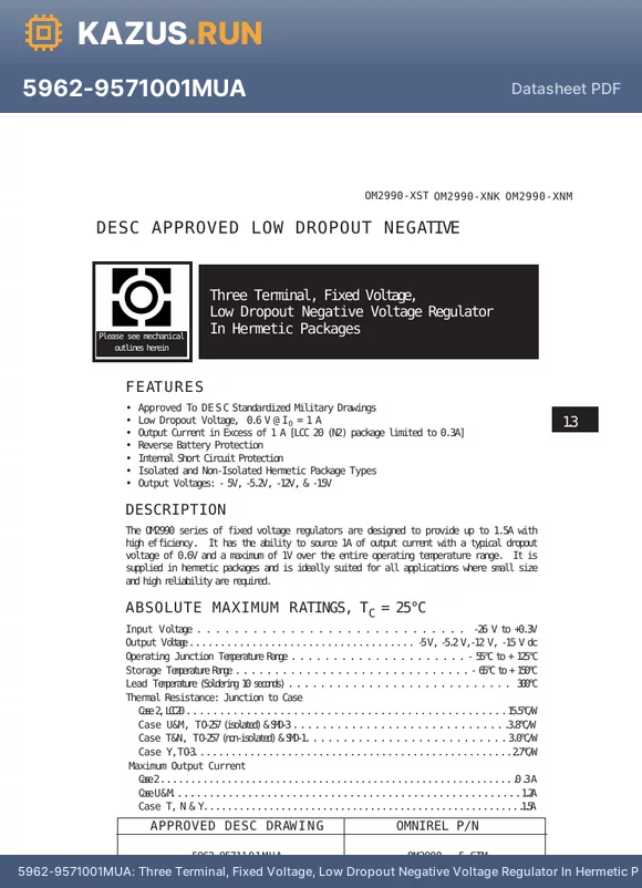 OM2990-5STM datasheet - Three Terminal, Fixed Voltage, Low Dropout Negative Voltage Regulator In Hermetic Packages