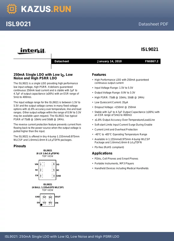 ISL9021IRUWZ-T datasheet - 250mA Single LDO with Low IQ, Low Noise and High PSRR LDO