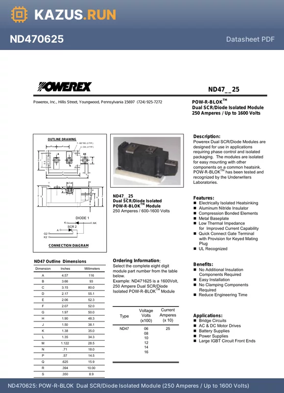 ND471225 datasheet - POW-R-BLOK  Dual SCR/Diode Isolated Module (250 Amperes / Up to 1600 Volts)