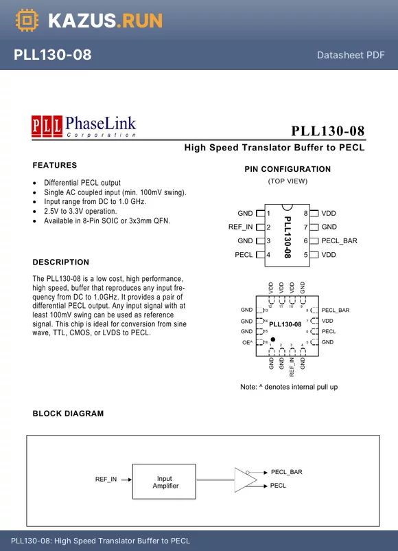 PLL130-08SC-R datasheet - High Speed Translator Buffer to PECL