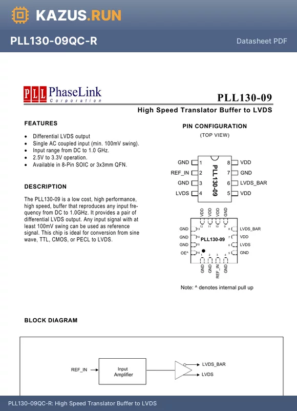 PLL130-09SC-R datasheet - High Speed Translator Buffer to LVDS