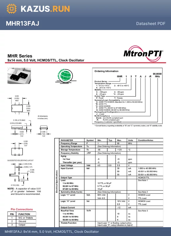 MHR14TAJ-R datasheet - 9x14 mm, 5.0 Volt, HCMOS/TTL, Clock Oscillator
