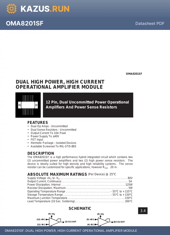 OMA8201SF datasheet - DUAL HIGH POWER, HIGH CURRENT OPERATIONAL AMPLIFIER MODULE