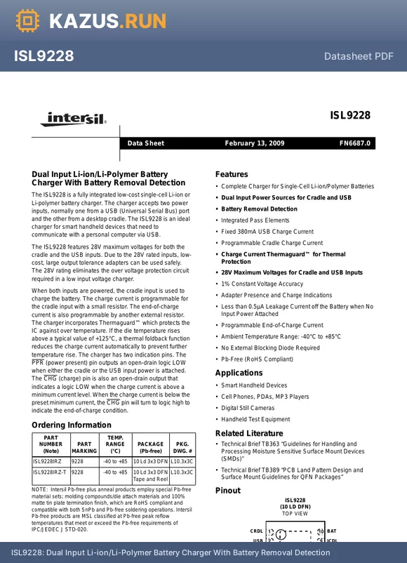 ISL9228 datasheet - Dual Input Li-ion/Li-Polymer Battery Charger With Battery Removal Detection