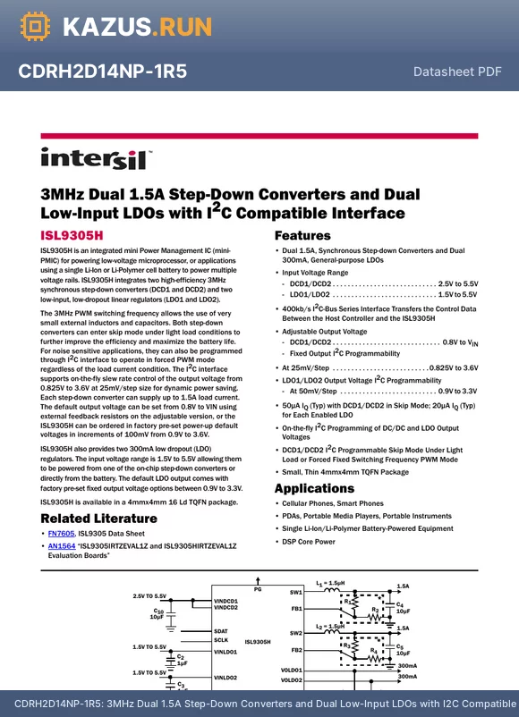 ISL9305IRTHWBNLZ-T datasheet - 3MHz Dual 1.5A Step-Down Converters and Dual Low-Input LDOs with I2C Compatible
