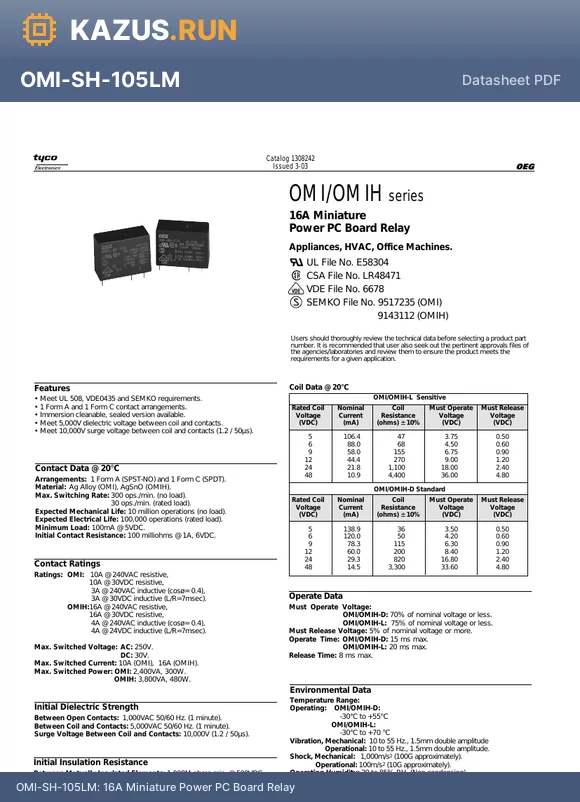 OMIH-SH-109DM datasheet - 16A Miniature Power PC Board Relay